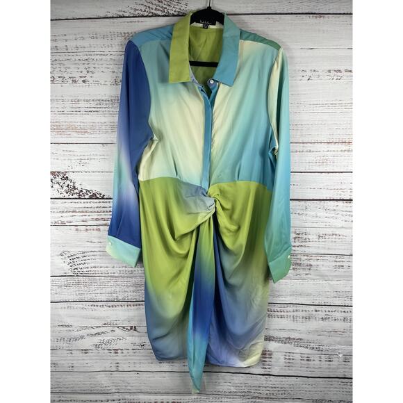 Nicole Miller Dress Women's 16 Blue Green Ombre Twist Front Long Sleeve Shirt - Picture 2 of 11